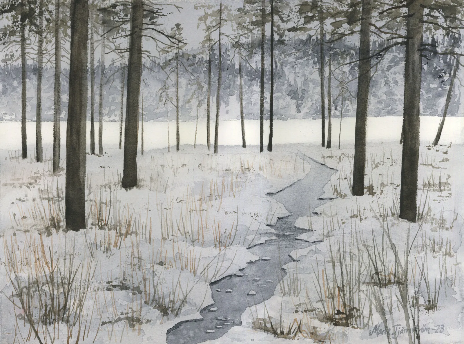 Akvarell Mellerst-tjärn av Maria Tjärnström