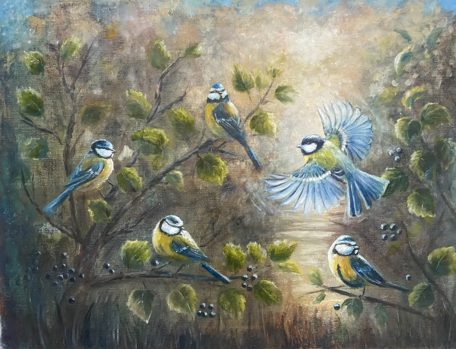 Oljemålning Morgonserenad.  Fåglar av Natalia Pettersson