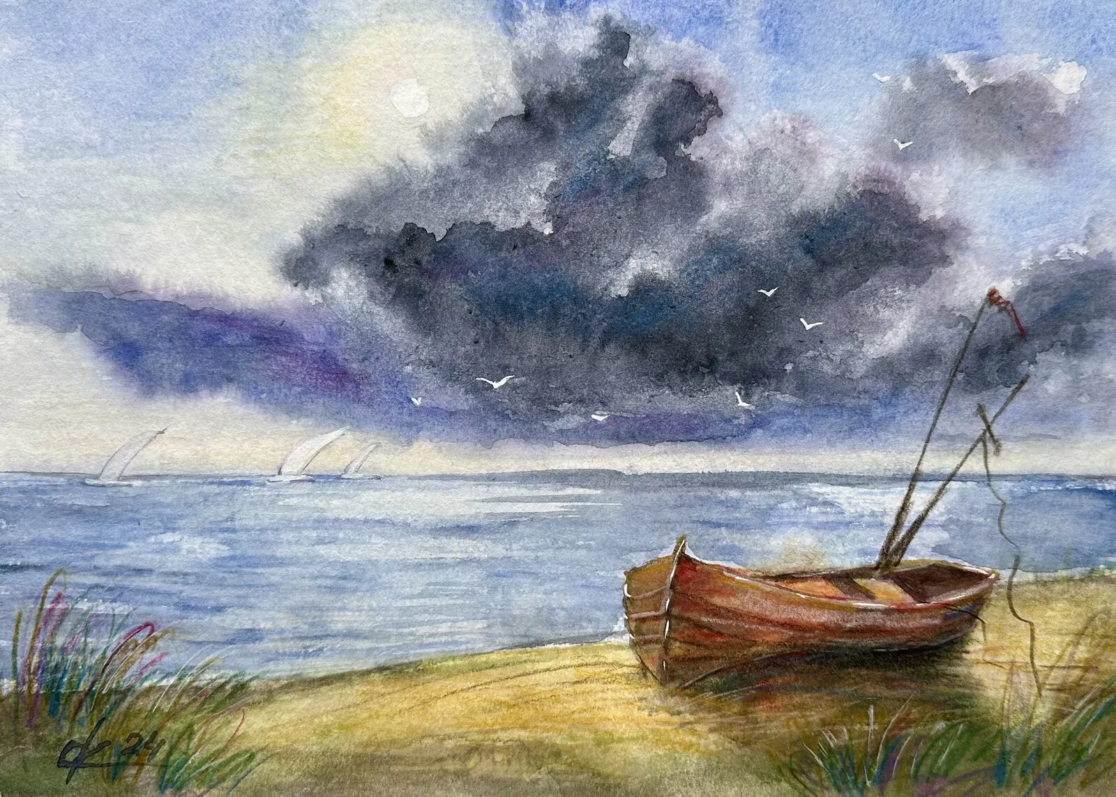 Akvarell Gammal båt av Olga Kharyakova