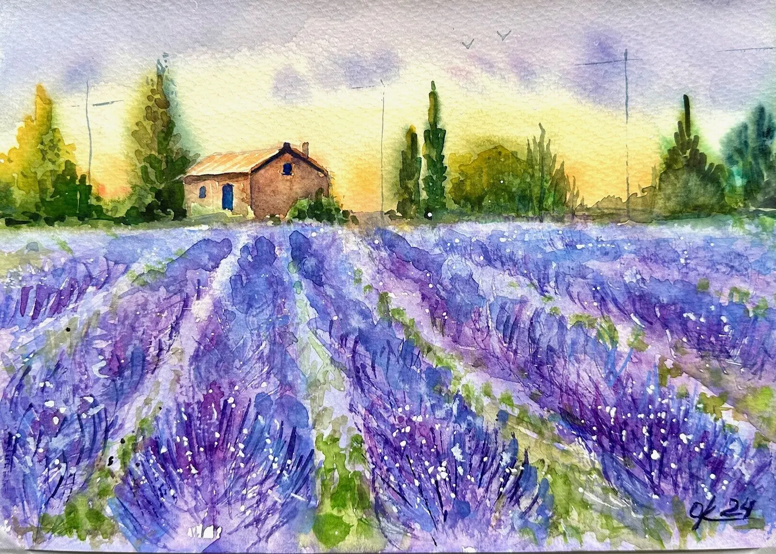 Akvarell Lavendelfält i Provence av Olga Kharyakova