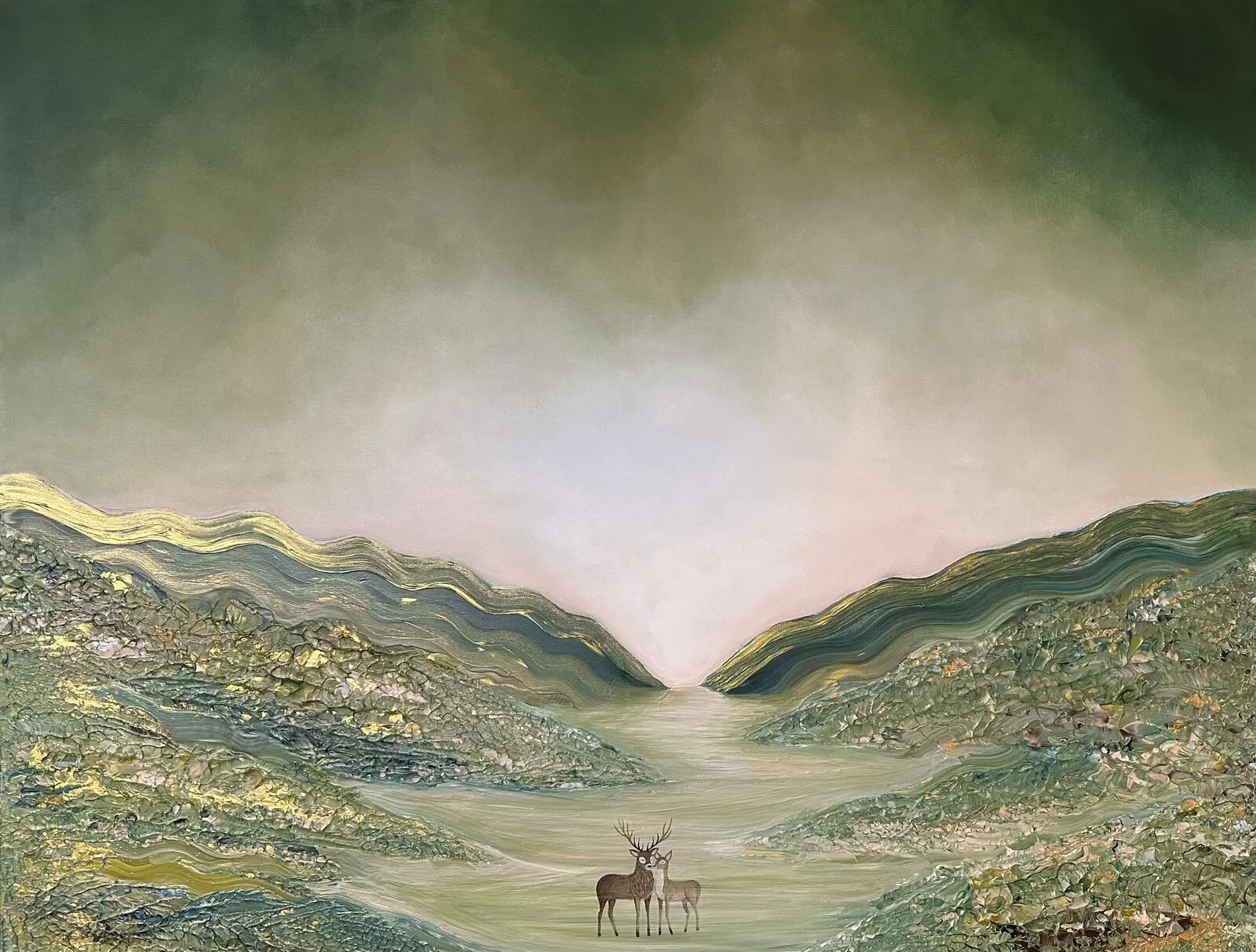 Akrylmålning Whisper of Emerald Hills: A Tale of Two Hearts av Daria Caisin