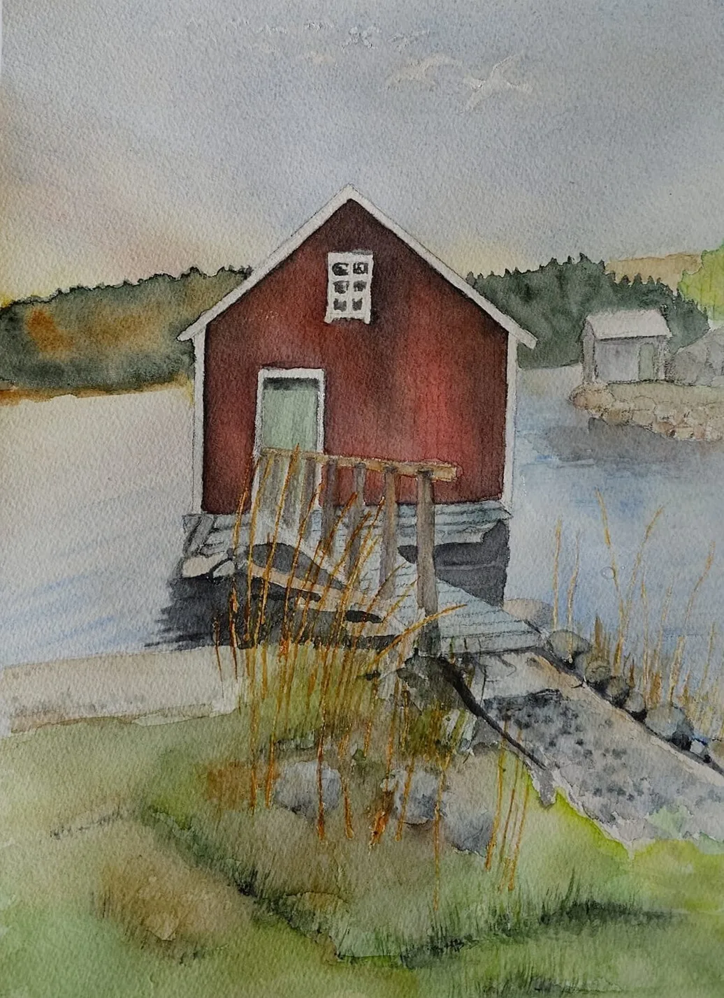 Akvarell Båthuset av Carin Hedlund