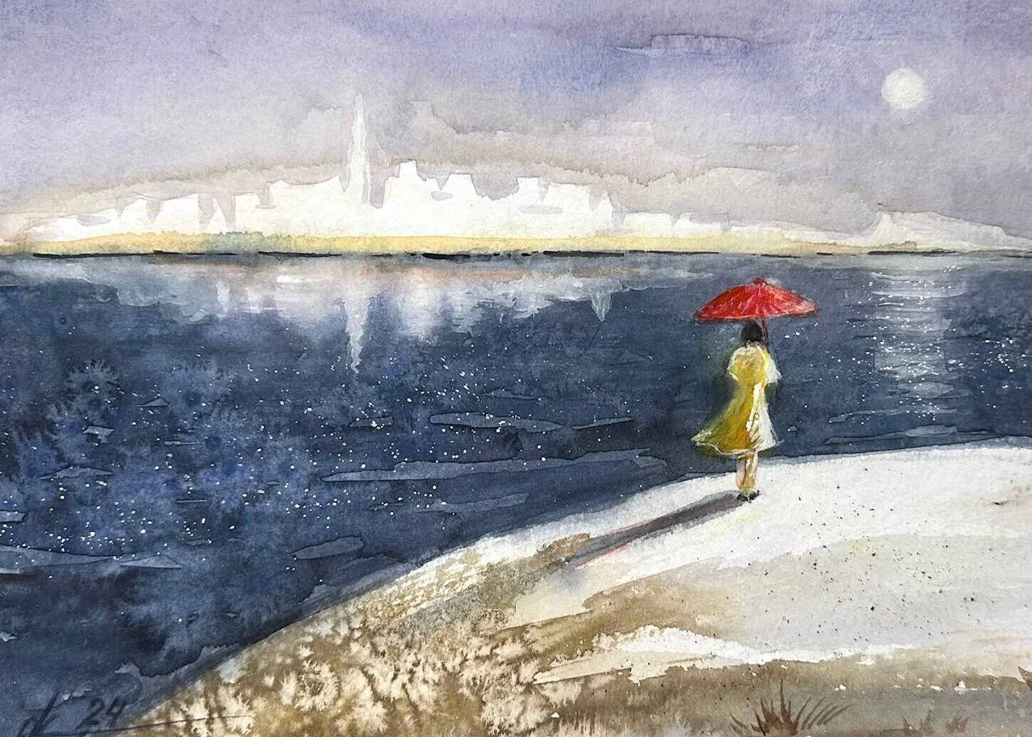 Akvarell Vita staden av Olga Kharyakova