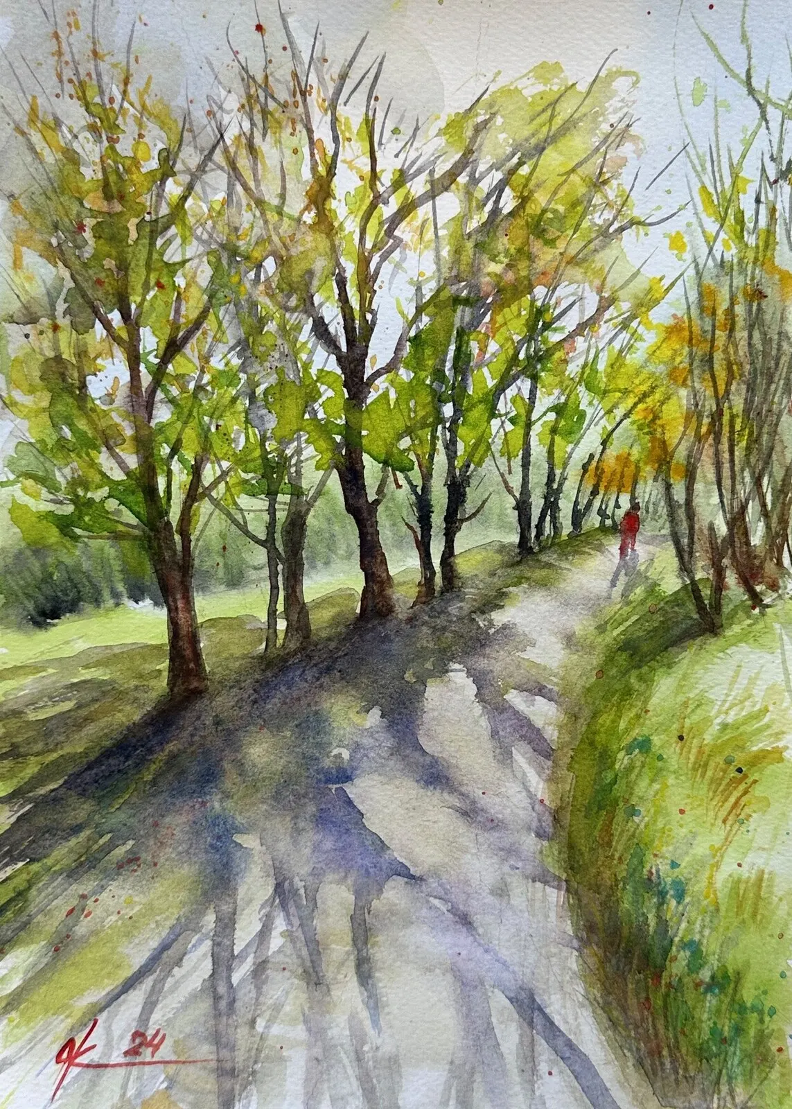 Akvarell Man går i skogen av Olga Kharyakova