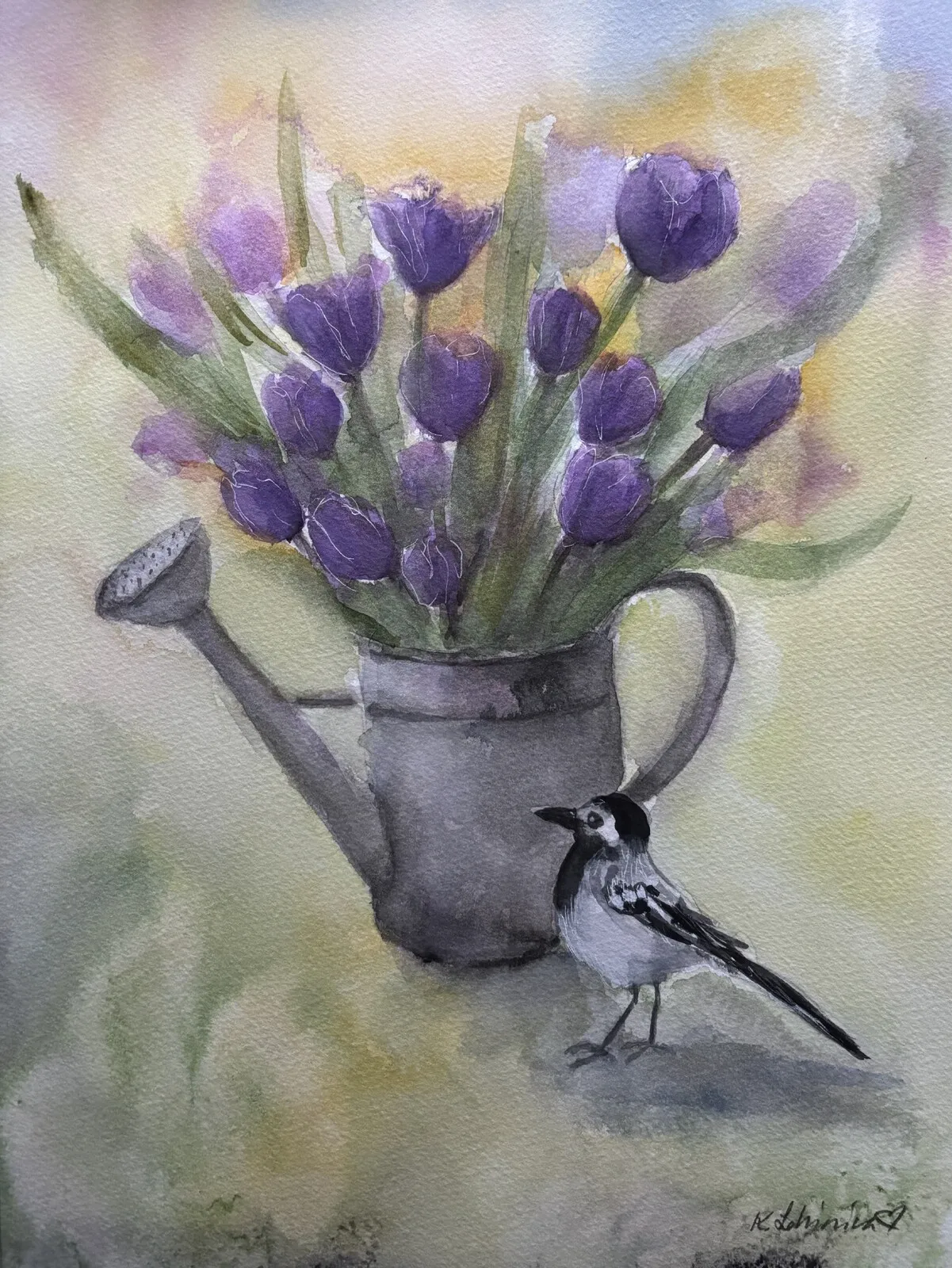 Akvarell Tulpaner och lilla sädesärlan av Karolina Lohiniva