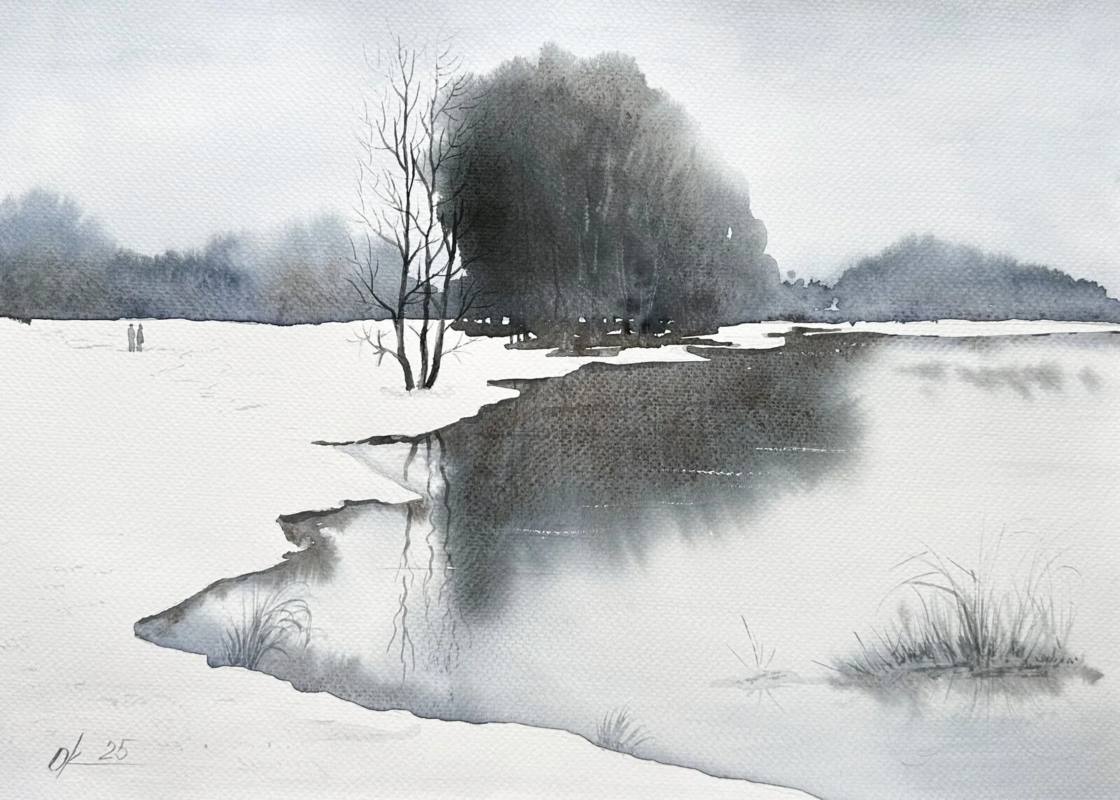 Akvarell En promenad tillsammans vid sjön av Olga Kharyakova