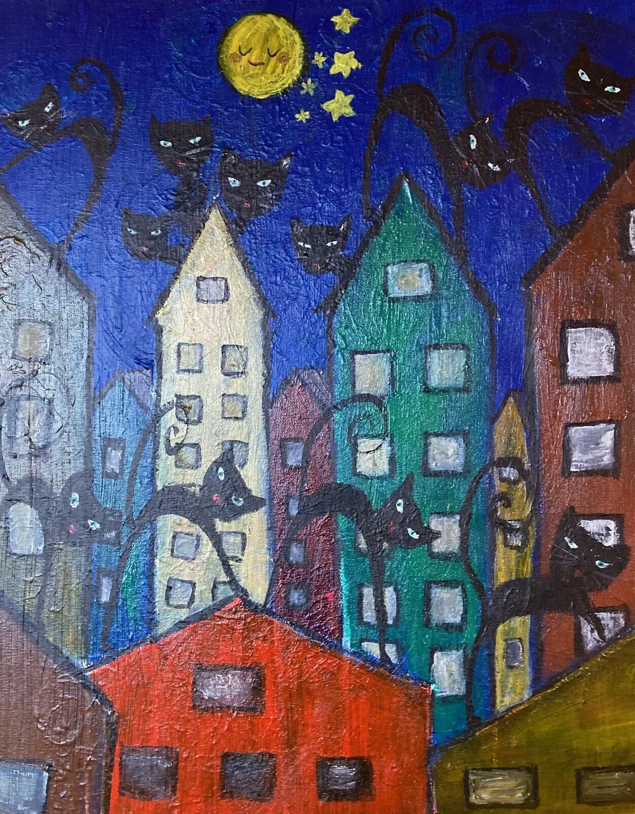 Akrylmålning Cats on the roof av Lisbeth Ericsson