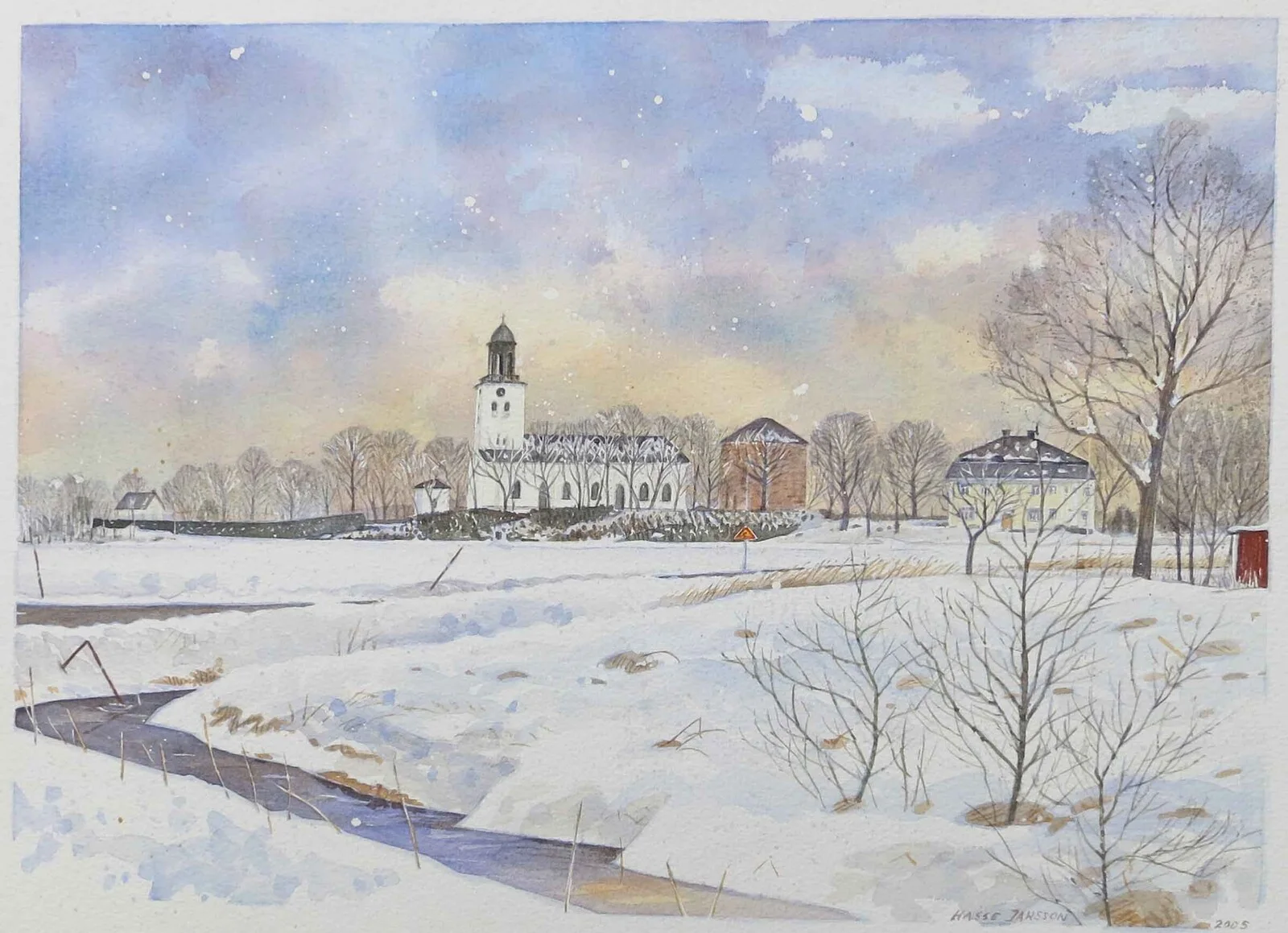 Akvarell Fellingsbro kyrka av Hasse Jansson