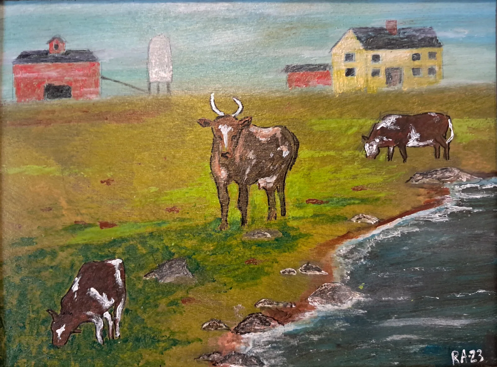 Akrylmålning Kossor på grönbete. av Roland Adolfsson