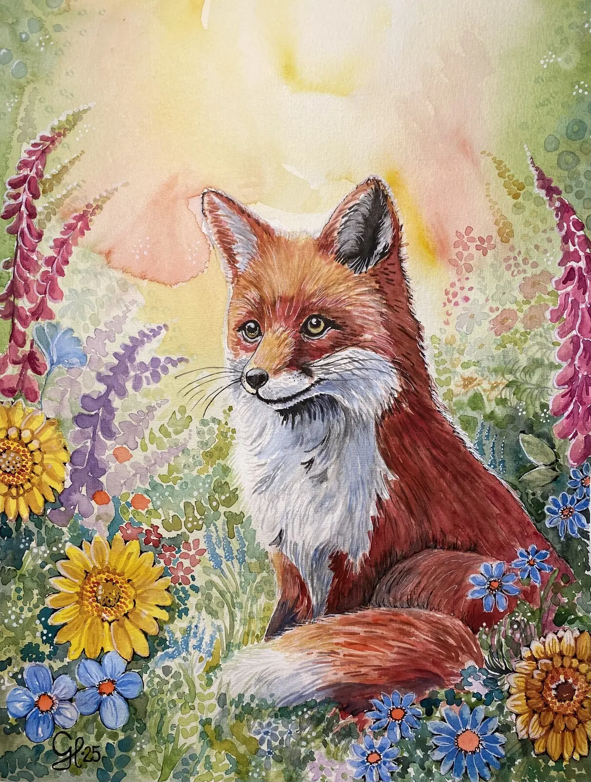 Akvarell Räv i blomsteräng av Gunilla Hultman