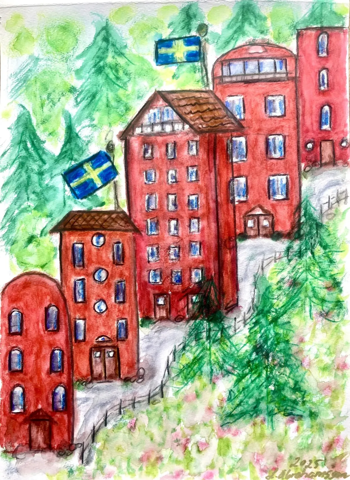 Akvarell Röda gatan av Linda Abrahamsson La Arts Sweden