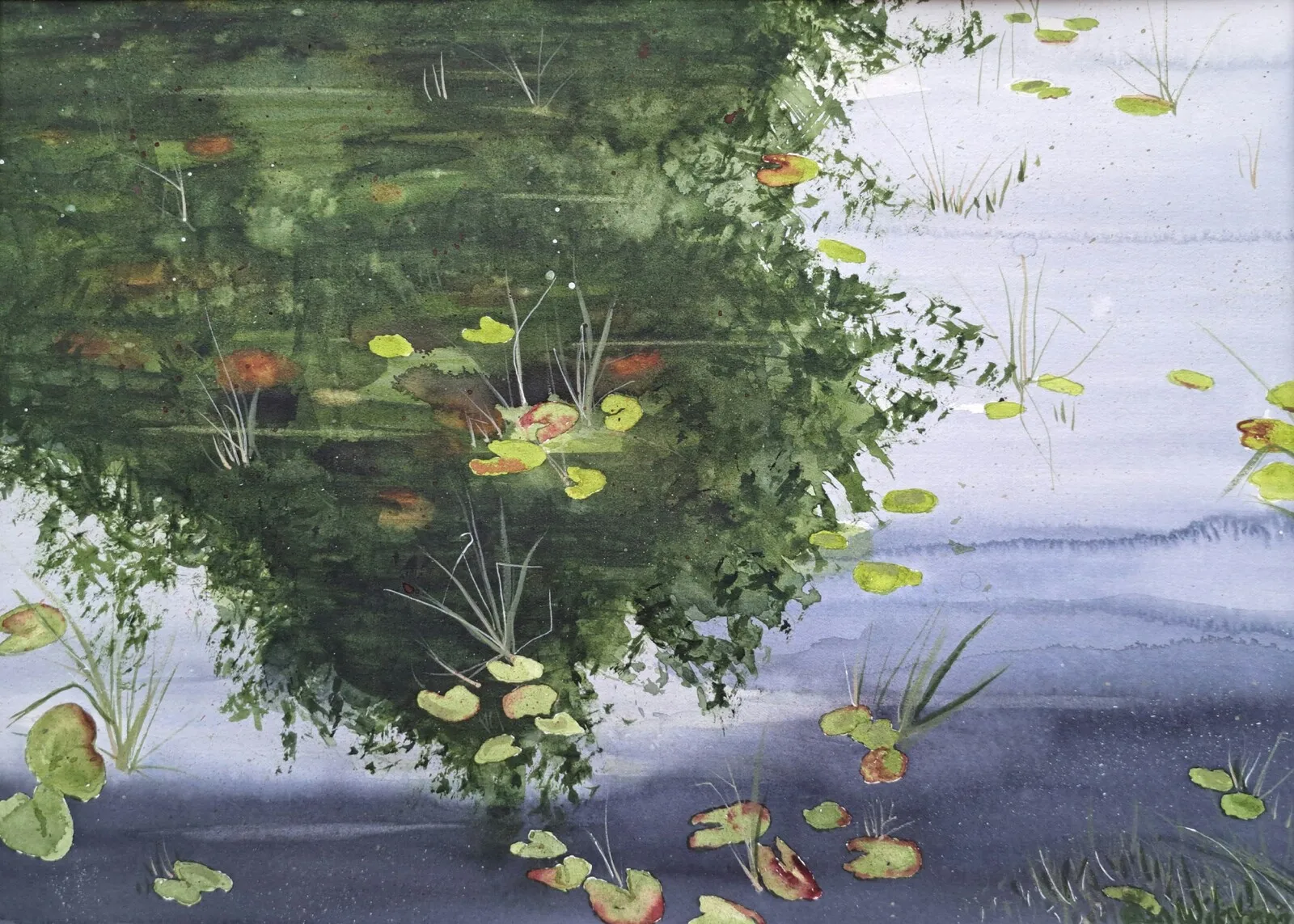 Akvarell Waterlilies reflection av Åsa Wiksten