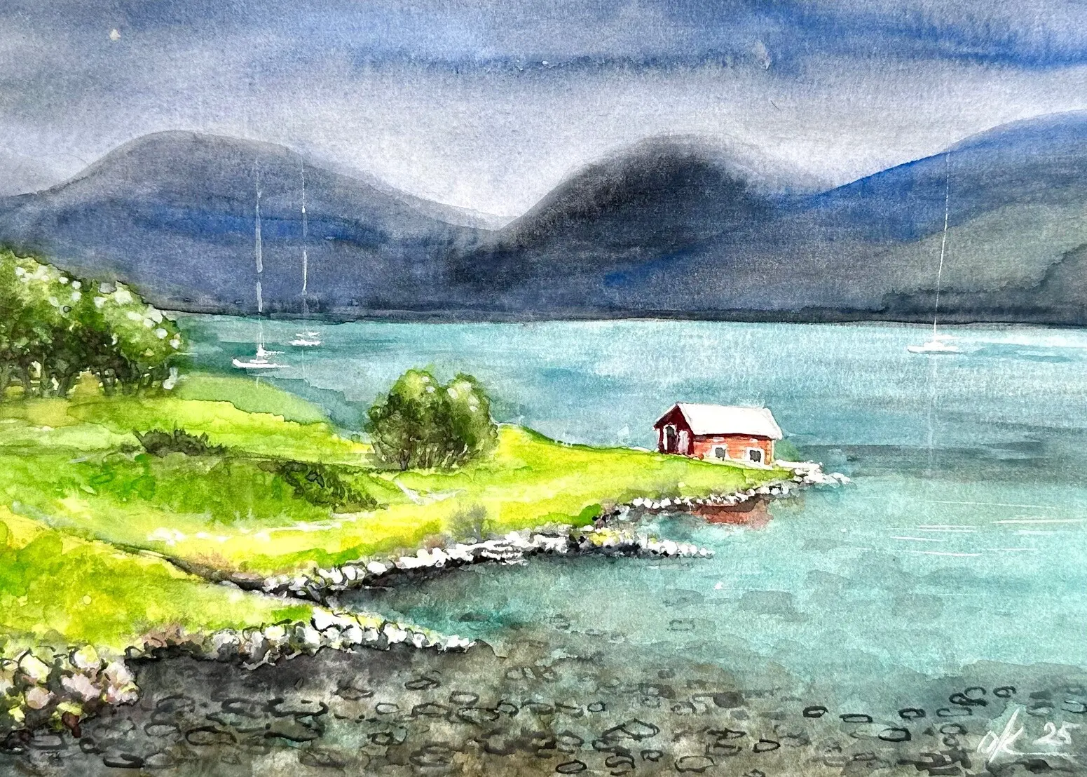 Akvarell Tystnaden i fjorden av Olga Kharyakova