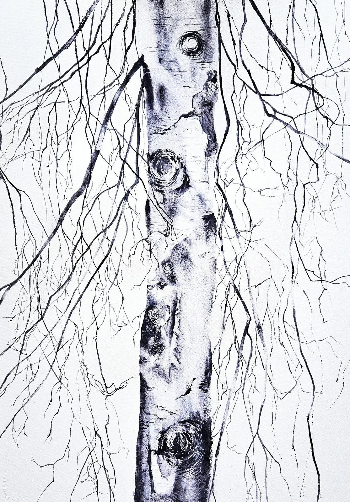 Akvarell Träd i lunar violett av Solveig Parviainen