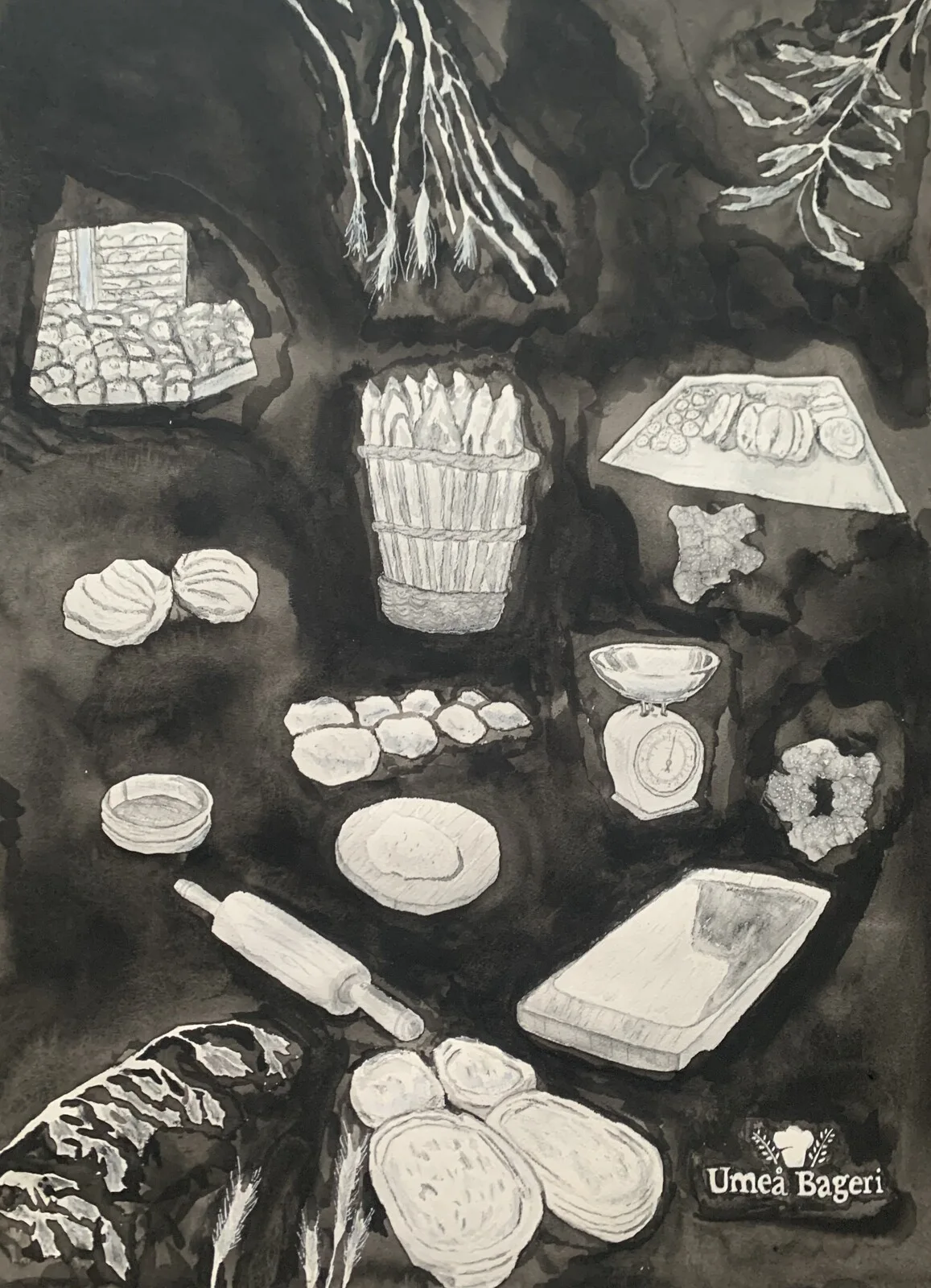 Akvarell Umeå Bageri av Marc Blomqvist