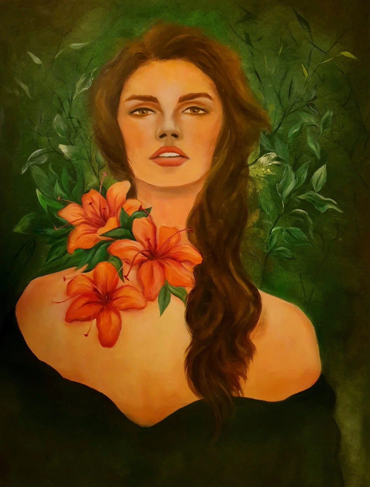 Oljemålning The lady with the red lilies. av Zartash Chaudhry