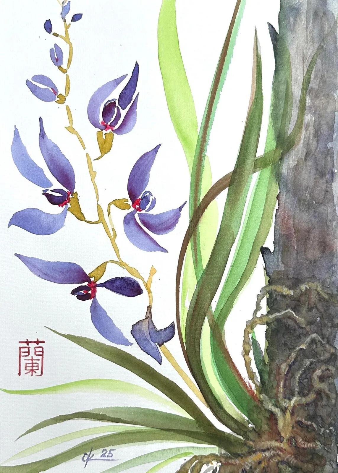 Akvarell Vild orkidé på ett träd. av Olga Kharyakova