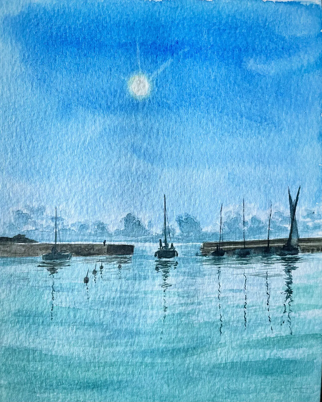 Akvarell Varbergs hamn av Björn Olfenius