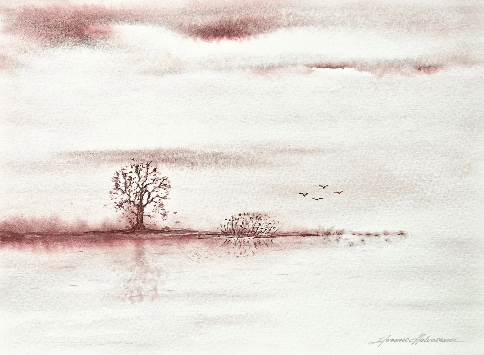 Akvarell Trädet på udden av Yvonne Halvarsson