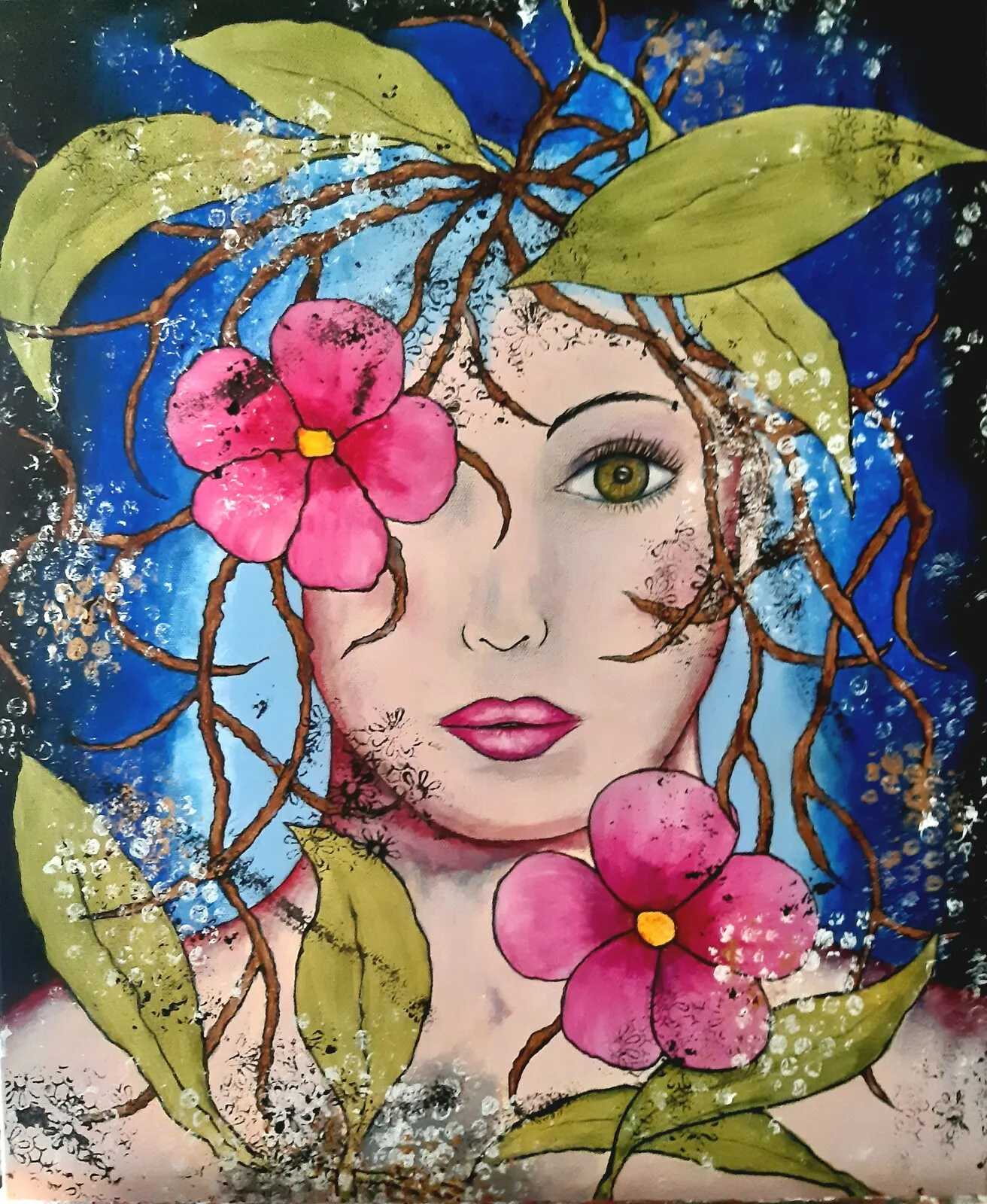 Akrylmålning Pink Flowers av Cia Lindén