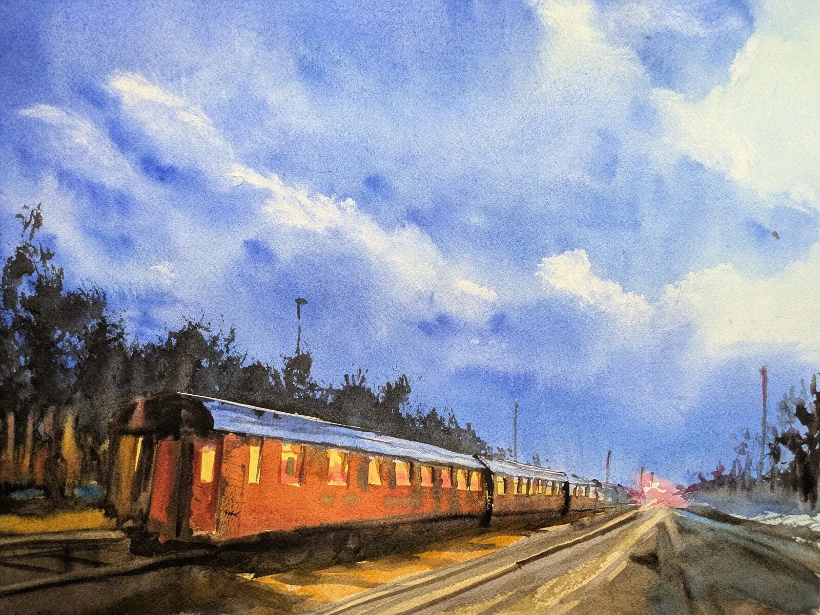 Akvarell Nattåg väntar i Arvidsjaur av Fritjof Karlsson