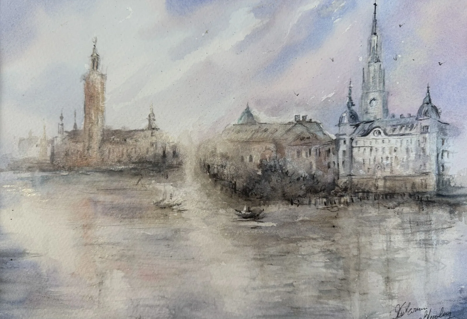 Akvarell Riddarholmen av Katarina Blomberg