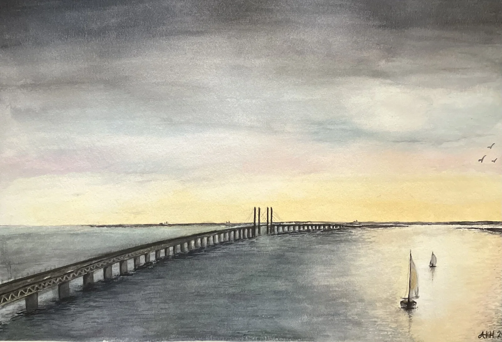 Akvarell Skymning vid Öresundsbron av Kristina Hvam