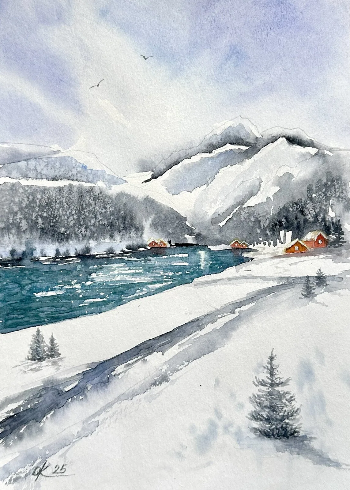Akvarell Sjö i Alperna av Olga Kharyakova