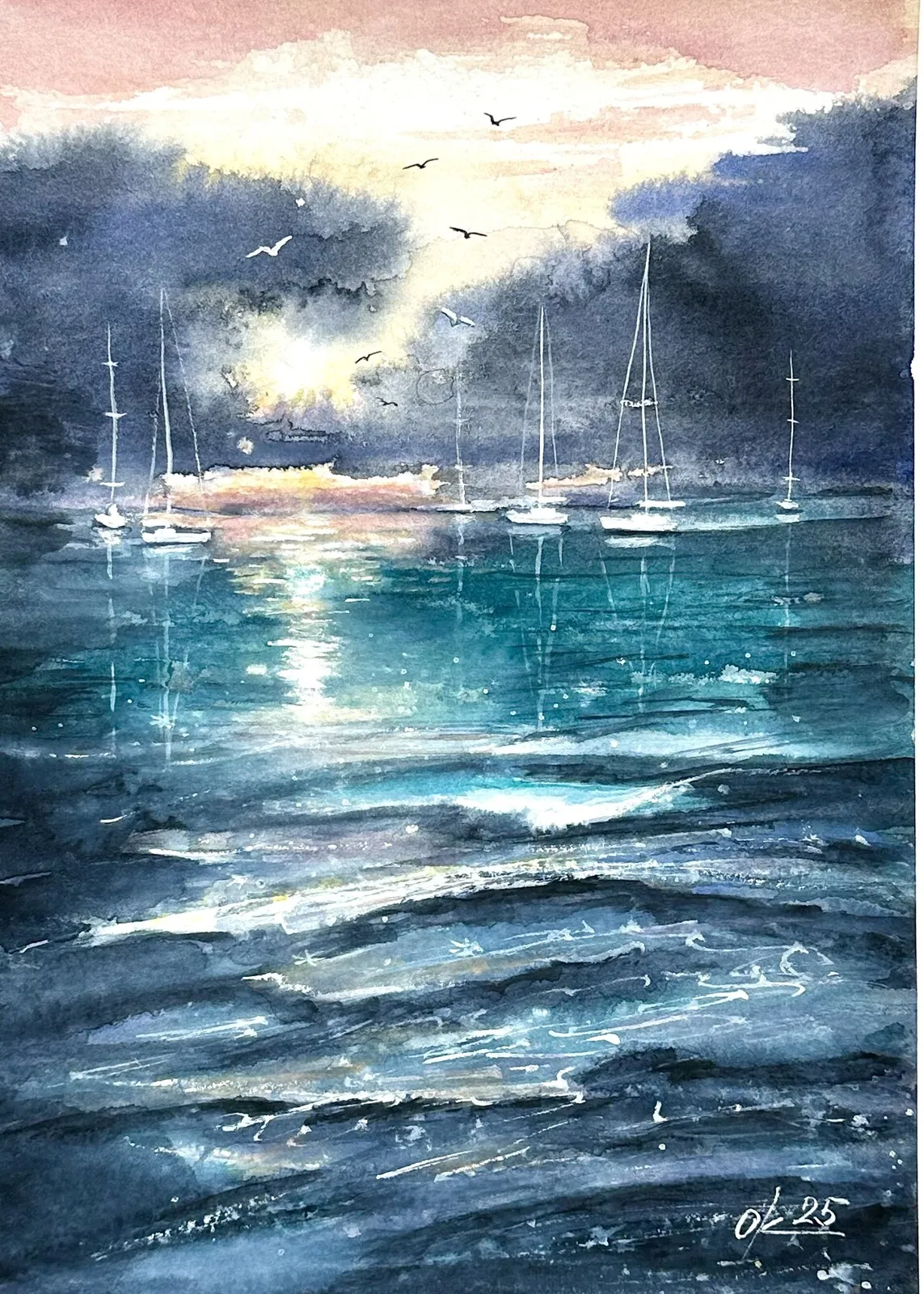 Akvarell Havslandskap med segelbåtar. av Olga Kharyakova