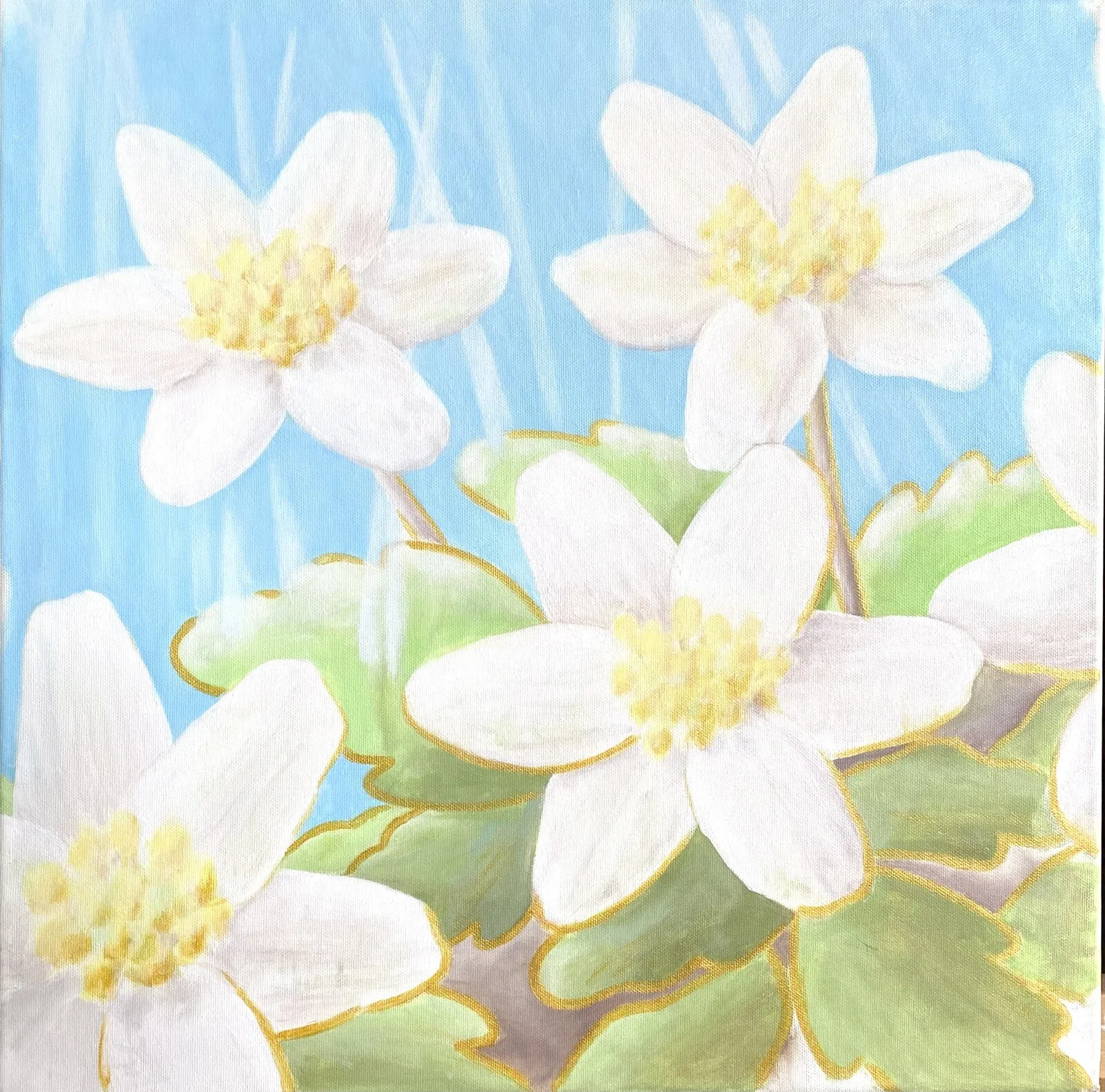 Akrylmålning Vitsippor - vårens guld av Tina Tilly