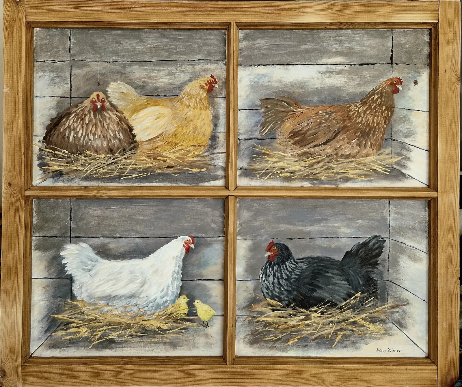Akrylmålning Händelser i en hönsgård av Mona Reimer