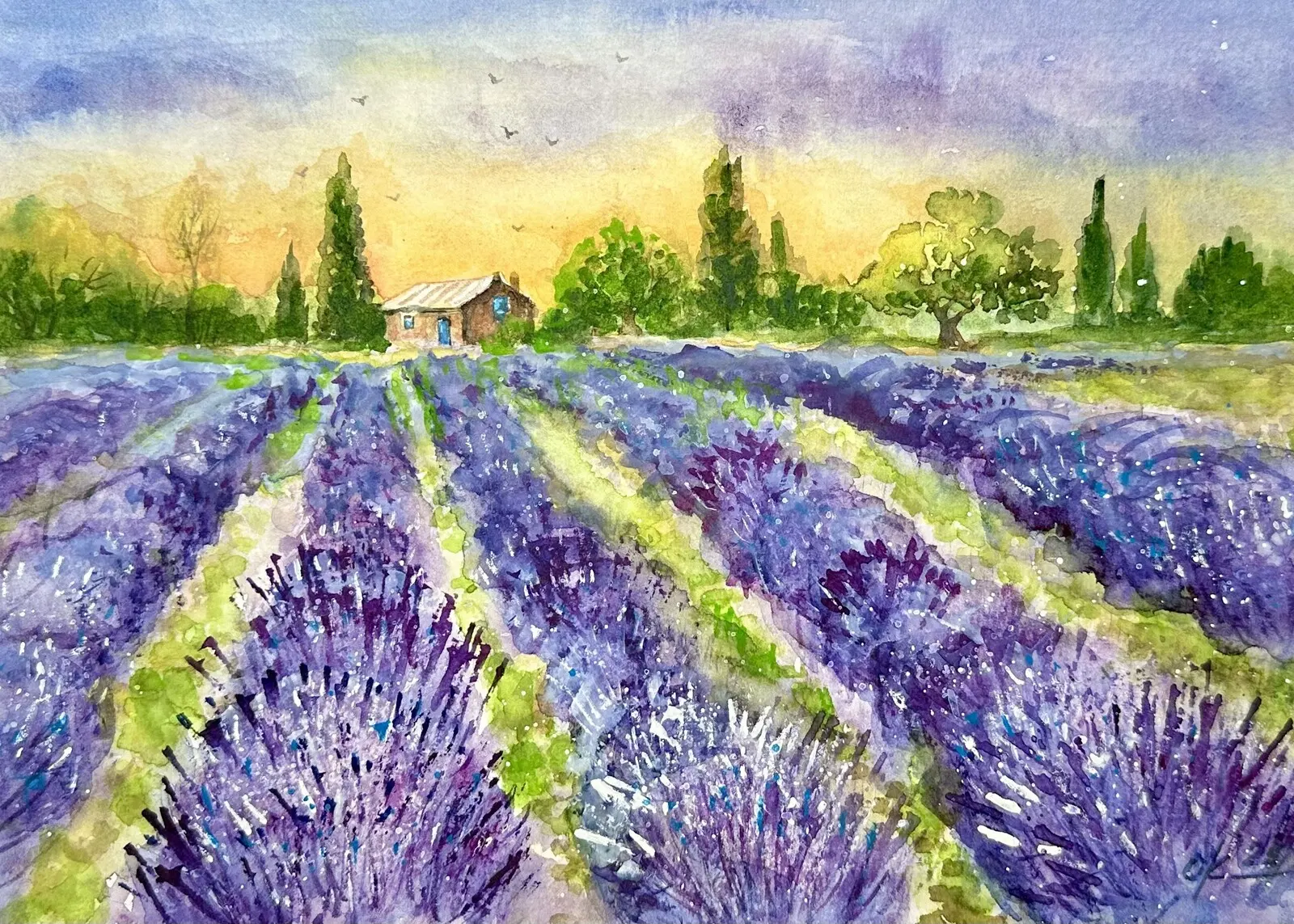 Akvarell Lavendelfält i Provence av Olga Kharyakova