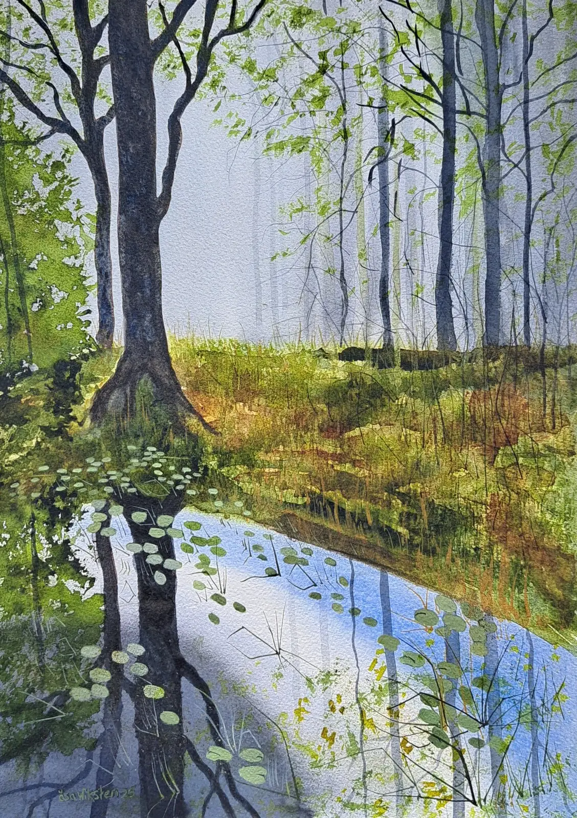 Akvarell Morgondimma vid ån/Morningfog by the stream av Åsa Wiksten