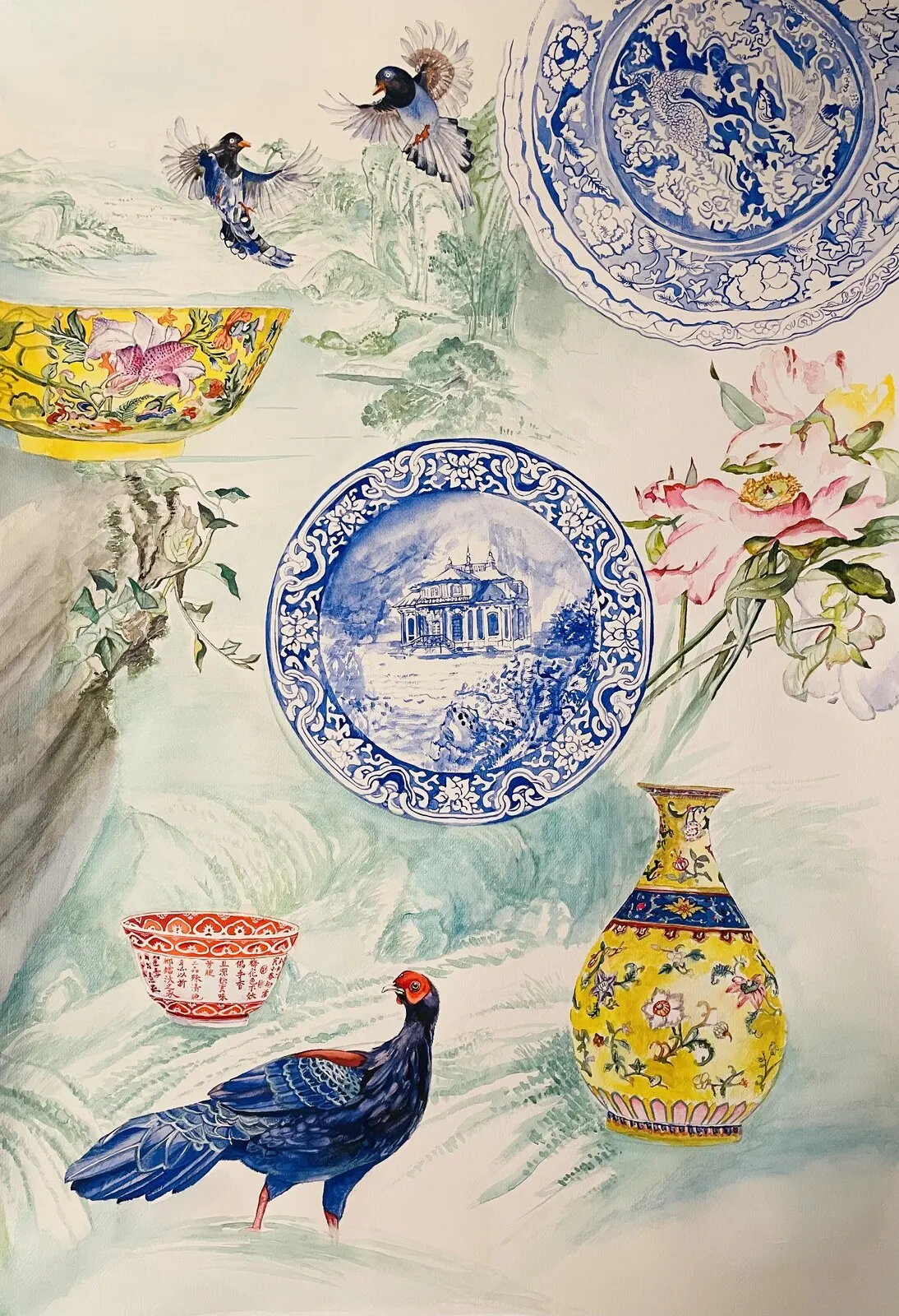 Akvarell Kina slott i blått av Wen Krödel