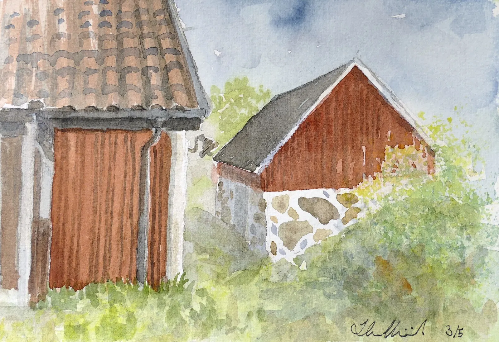 Akvarell Gården av Ilse Hviid