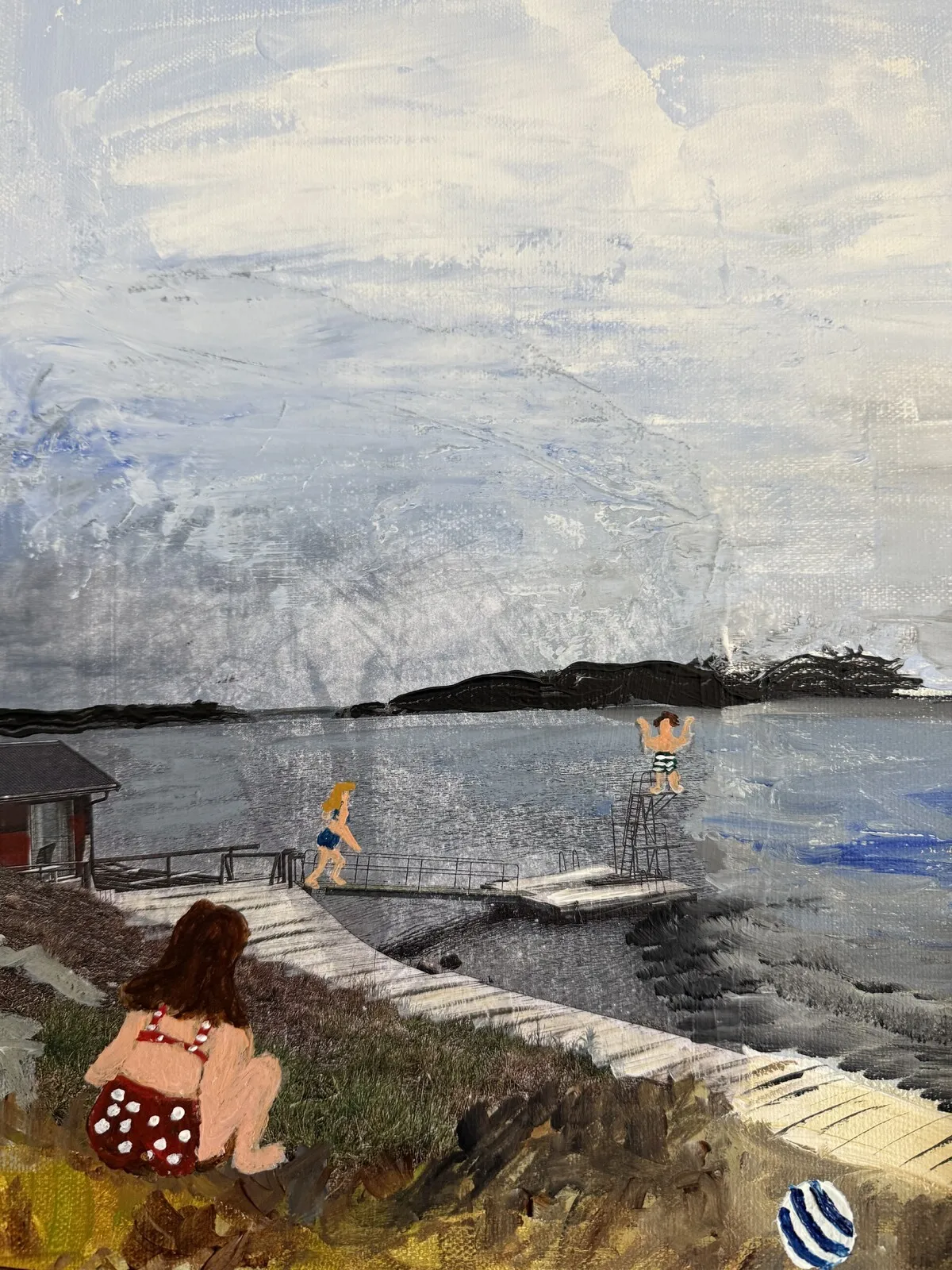 Akrylmålning Vi tre vid hopptornet av Malin Hesser Carlsson