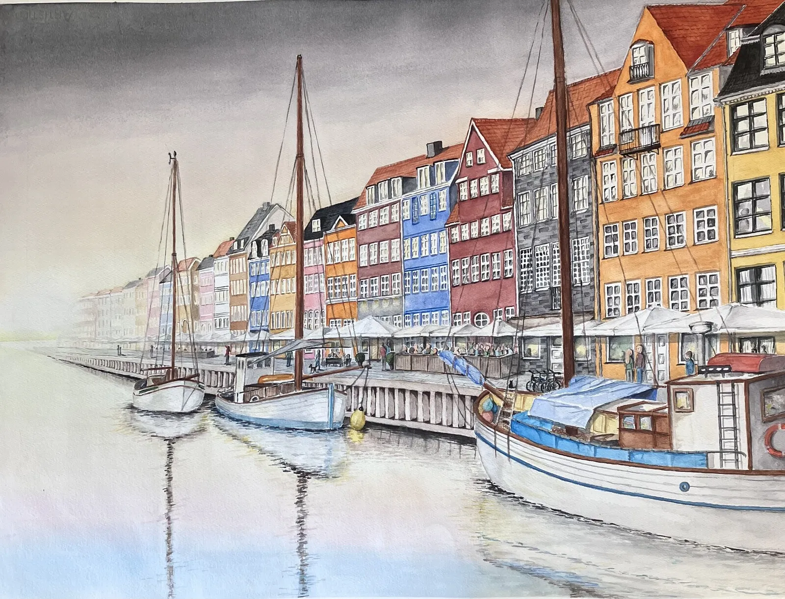 Akvarell Nyhamn i dis av Kristina Hvam