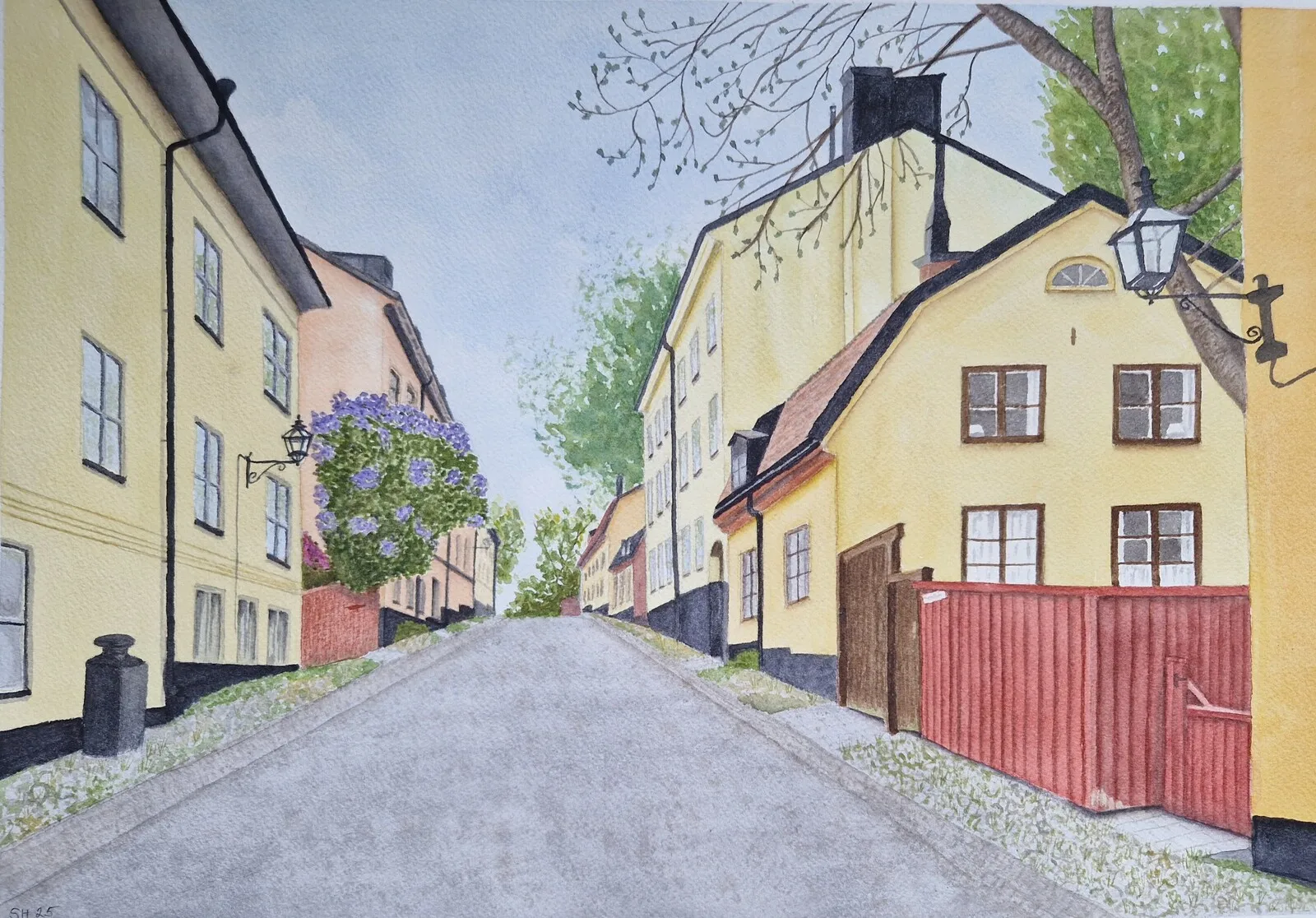 Akvarell Yttersta tvärgränd på Södermalm av Susanne Hagemark