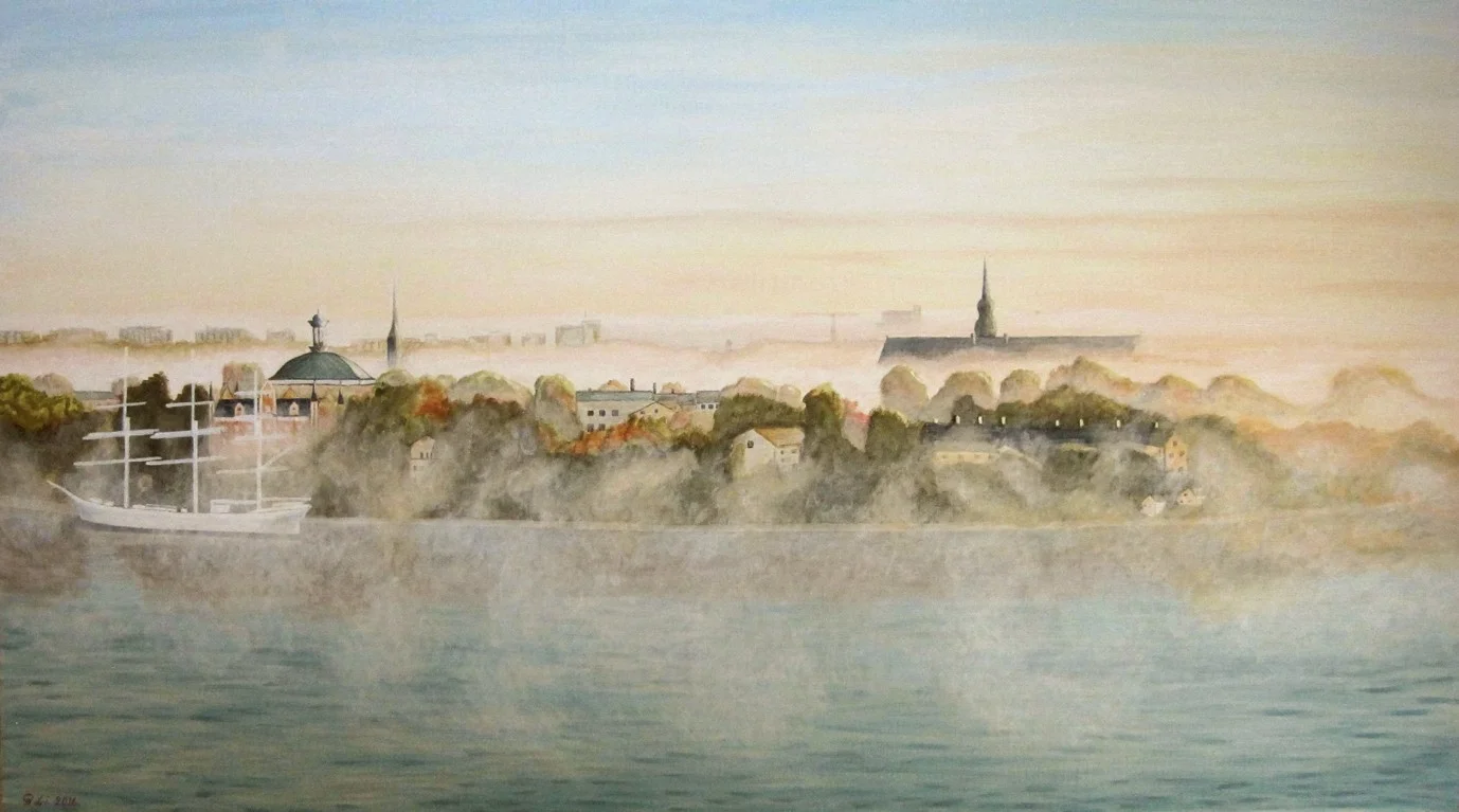 Akrylmålning Skeppsholmen, en höstmorgon av Gösta Lindunger