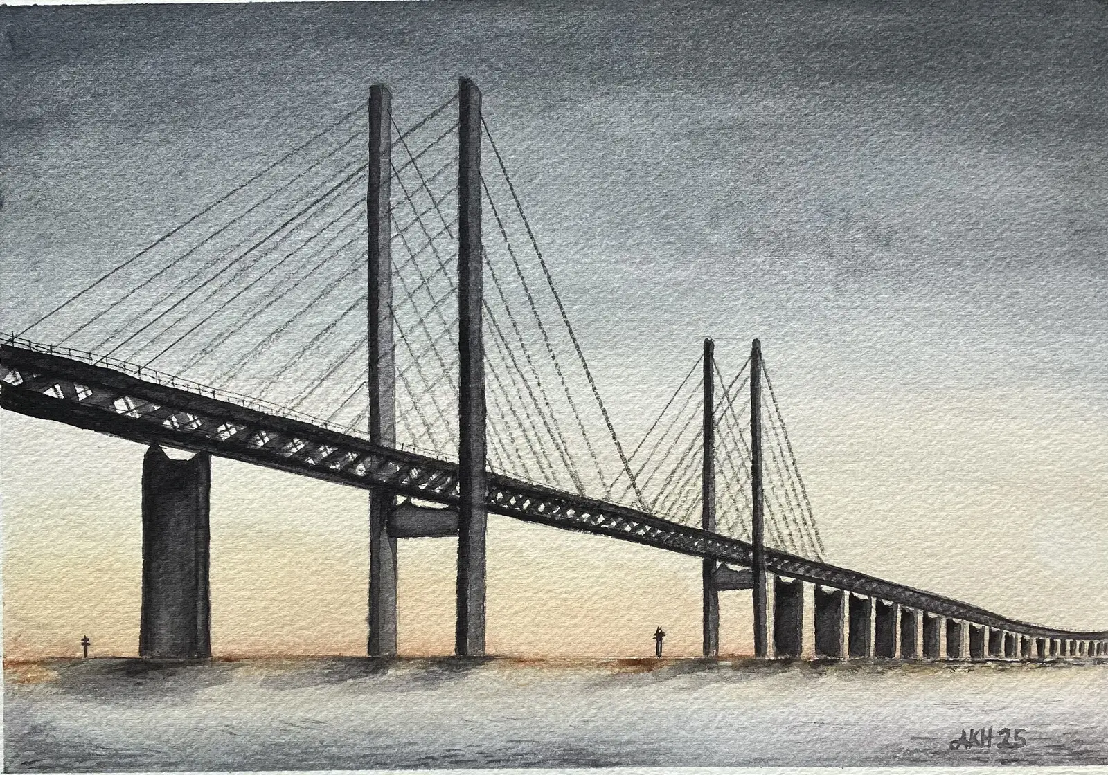 Akvarell Öresundsbron av Kristina Hvam
