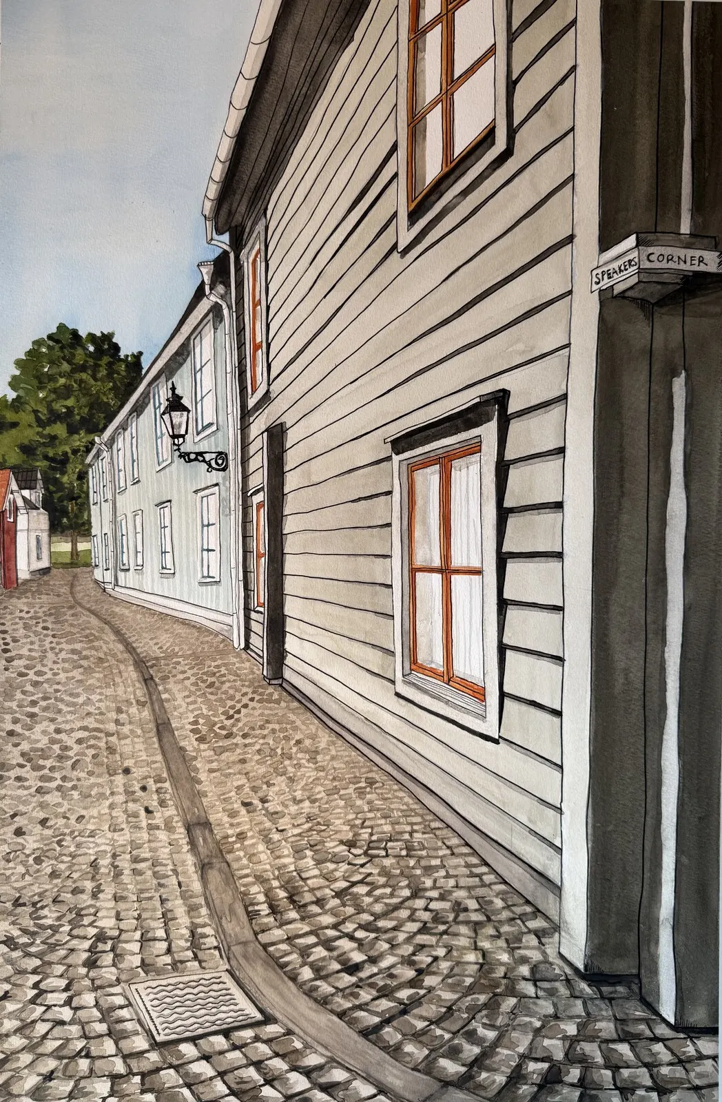 Akvarell Kullerstenen i Vadstena av Ida Maier