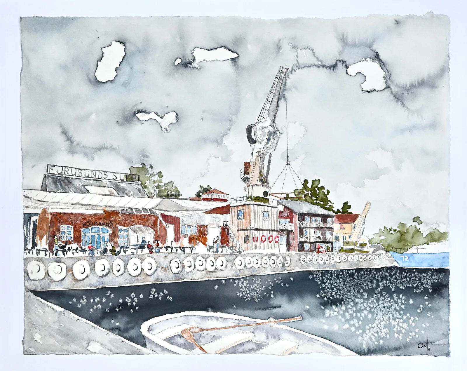 Akvarell Högmarsö, Varvet av Cécile Hansson