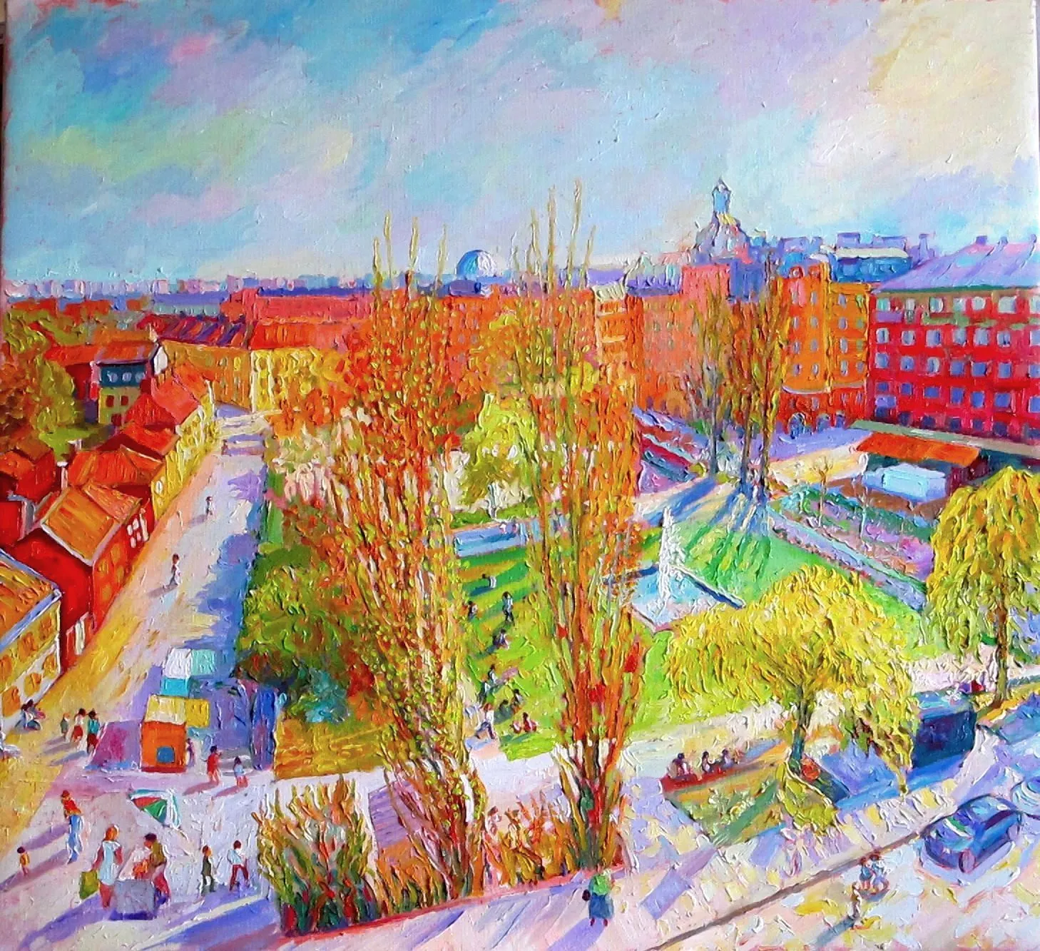 Oljemålning Nytorget i Stockholm våren av Sebastian Marquez