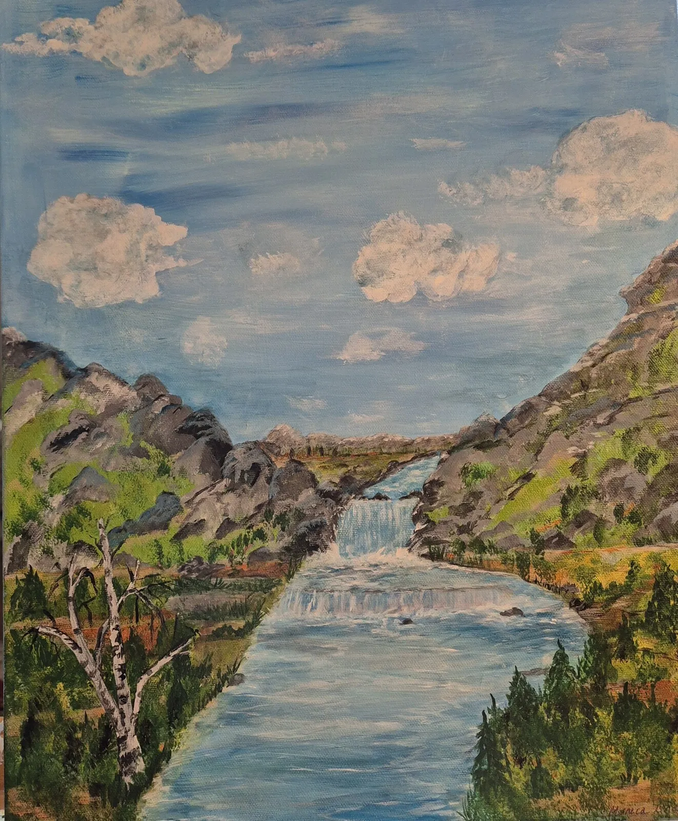 Akrylmålning Ovan sjö och berg av MONICA LINDSTRÖM