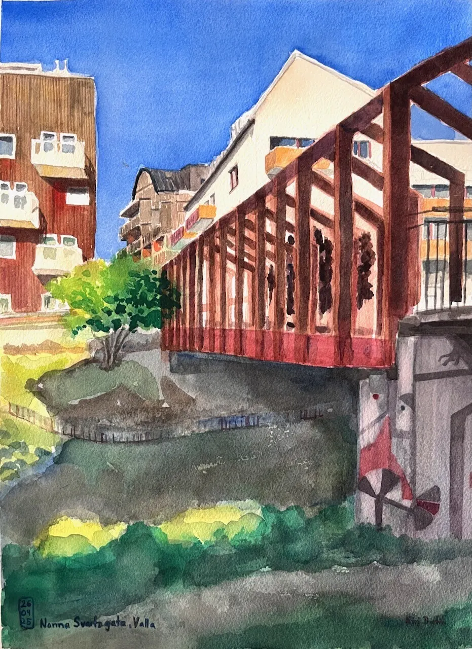 Akvarell "Nonna-Svarts-Gata, Vallastaden" - Linköping av Siri Berlin