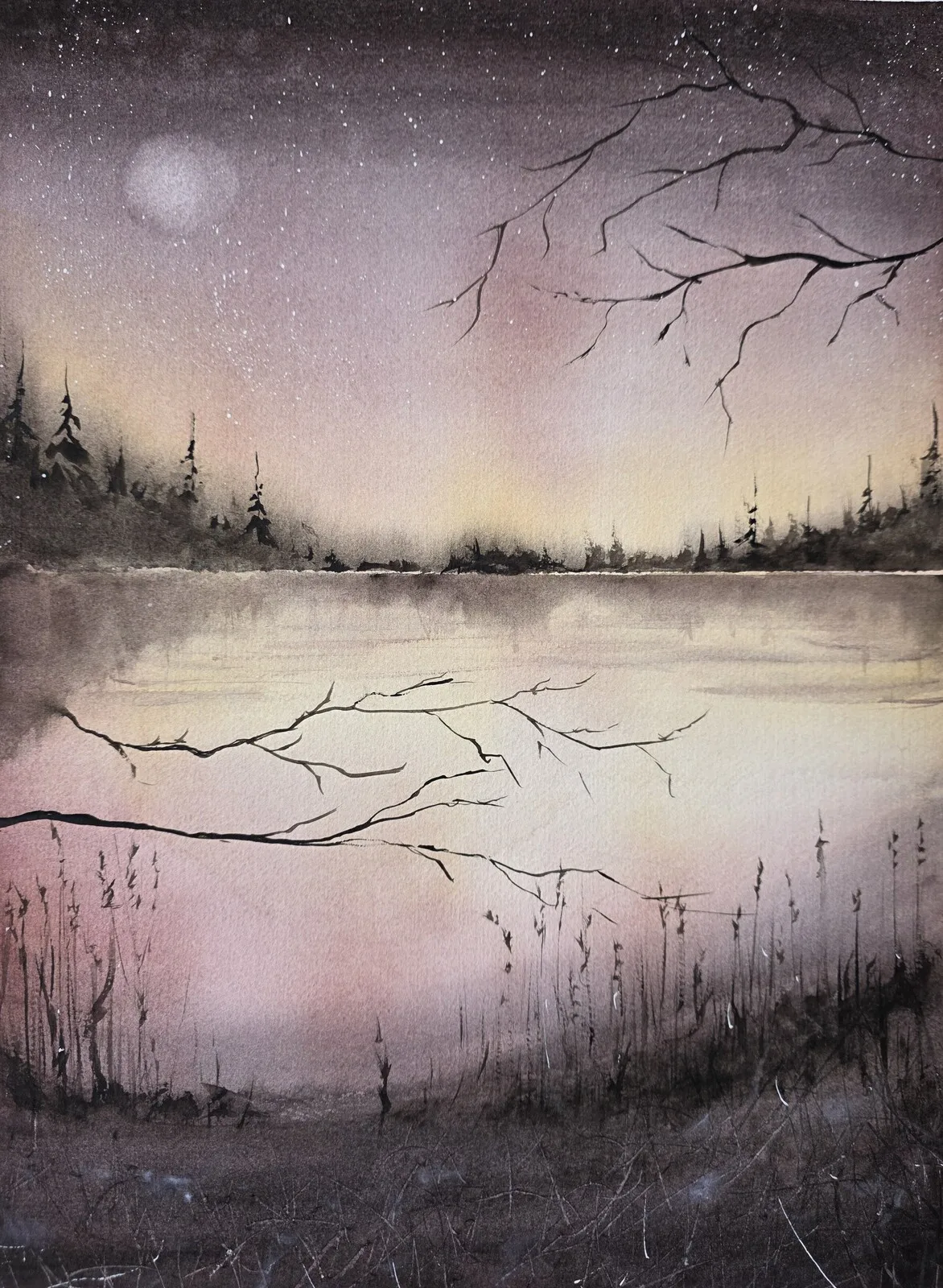 Akvarell Under the Wintermoon av Pernilla Carlsson