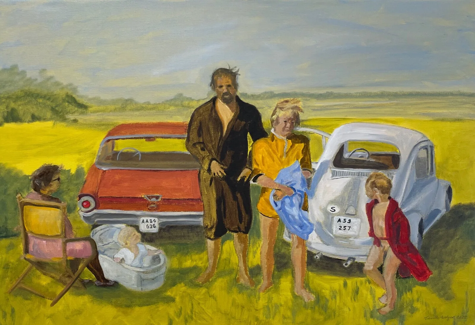 Oljemålning Picknick i blåst av Camilla Wolgers