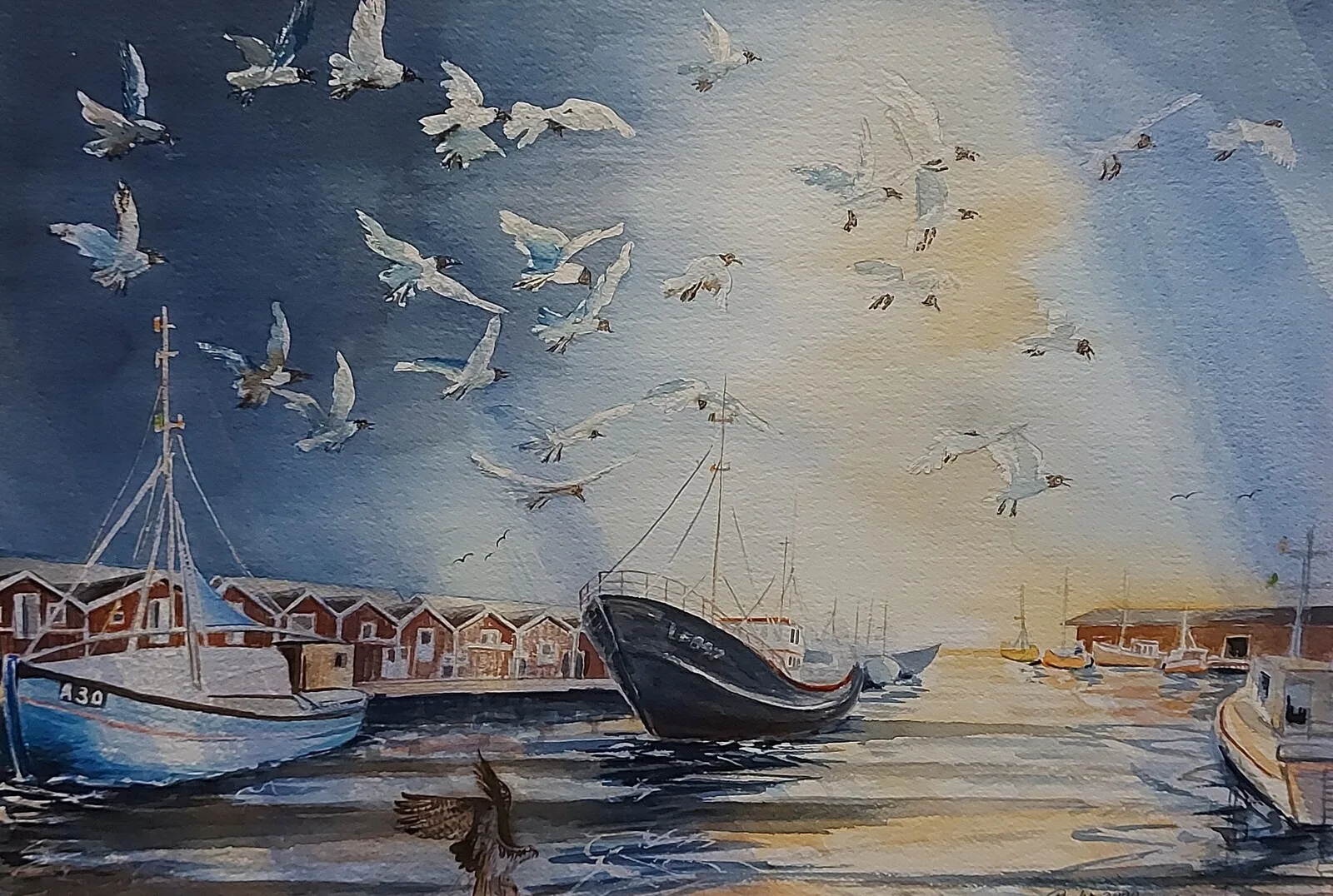 Akvarell Skagens hamn. av Josef Pinter