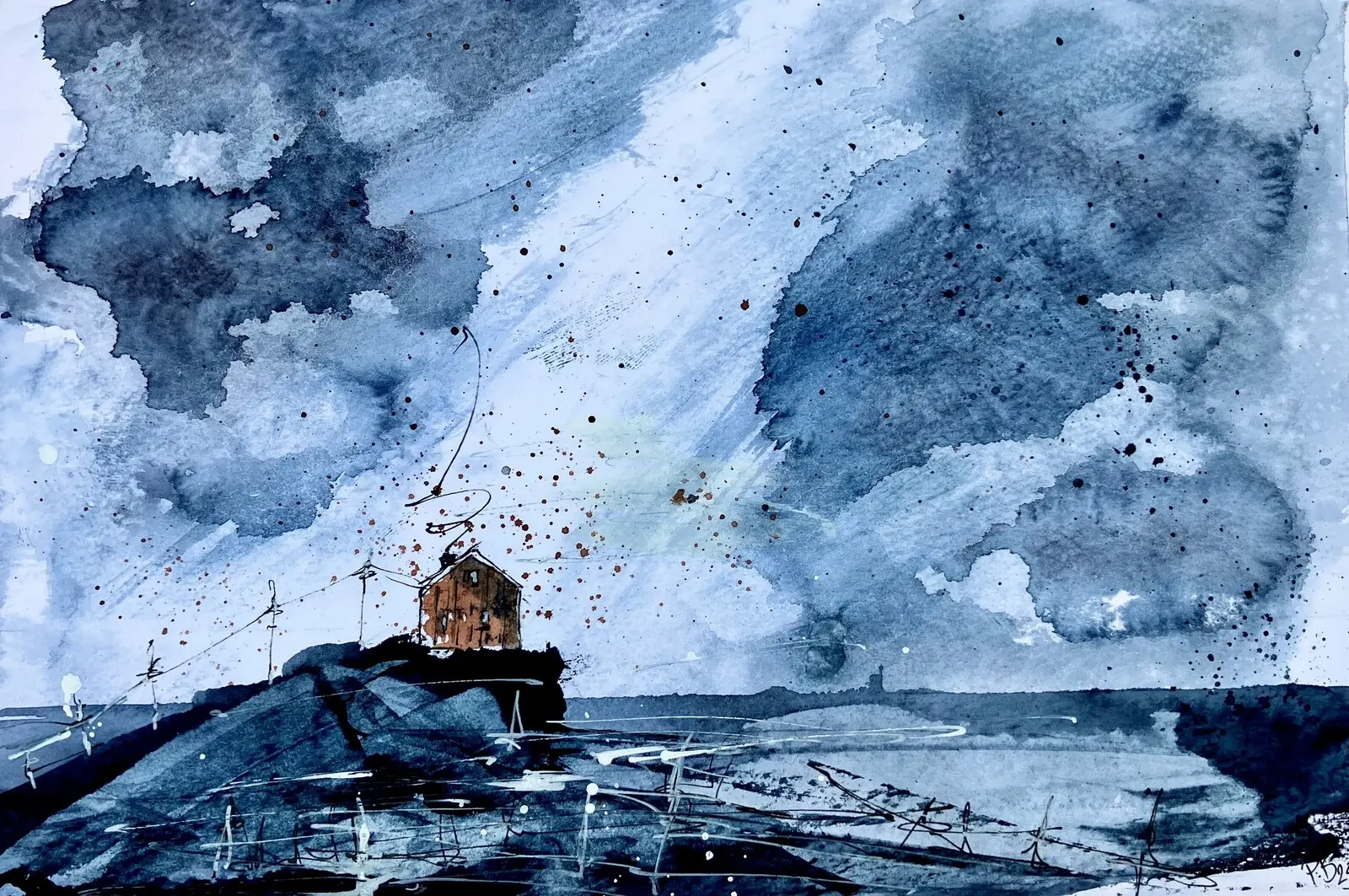 Akvarell Hav/Hus av Anders Peter Bäckström