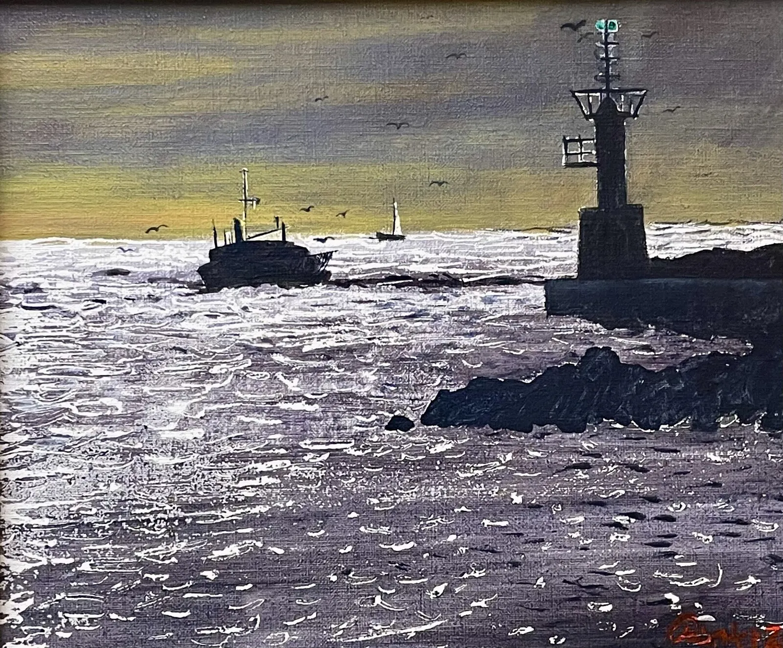 Akrylmålning Inkommande fiskebåt. av Josef Pinter